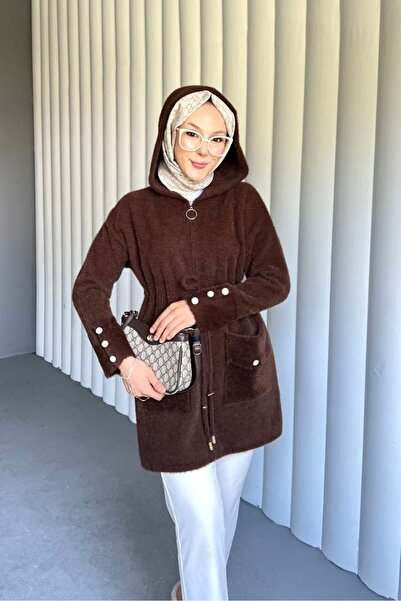 Nes Moda Kadın Fermuarlı Büzgü Detaylı Cepli Angora Tesettür Triko Tunik Hırka