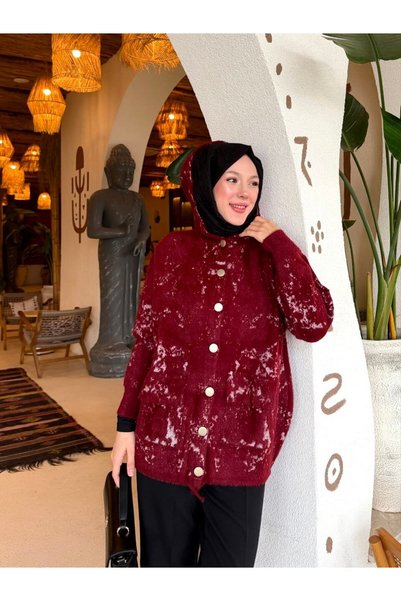 Nes Moda Kadın Desen Detaylı Düğmeli Kapüşonlu Tesettür Triko Hırka Ceket