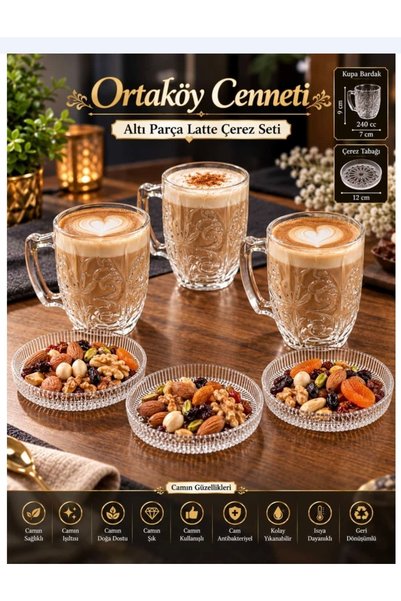 ORTAKÖYCENNETİ 6 parça Latte keyf seti 3 ad kupa 250 cc 3 ad tatlı çerez taba...