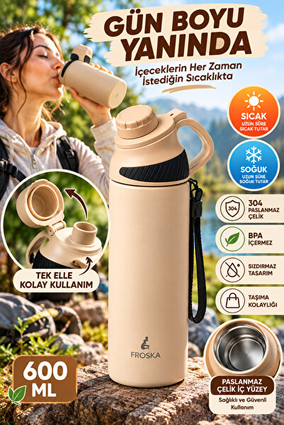 OpenCity 600 ML Bej Termos Matara Paslanmaz Çelik İç Yüzeyli Kulplu Taşıma İp...