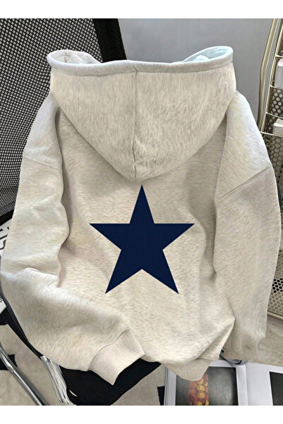 one button Mavi Yıldız Baskılı Premium Kapüşonlu Şardonlu 2 İplik Oversize Sw...