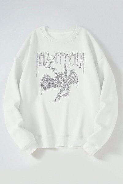 Vento Luna Led Zeppelin Angel Front Printed White Crew Neck Sweatshirt