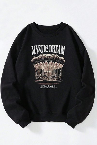 Vento Luna Mystic Dream Front Printed Black Crew Neck Sweatshirt