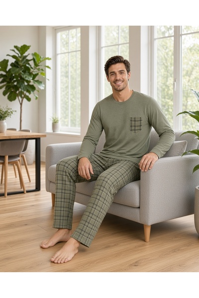 PİJART Men's Khaki Long Sleeve Cotton Pajama Set