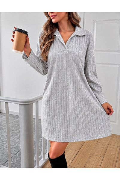 Kokosh moda Gray Striped Collar Detailed Cotton/Dress