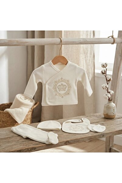 Pure Boutique Σετ νεογέννητου 5 τεμαχίων, λευκό βαμβακερό, με κορώνα και παντ...