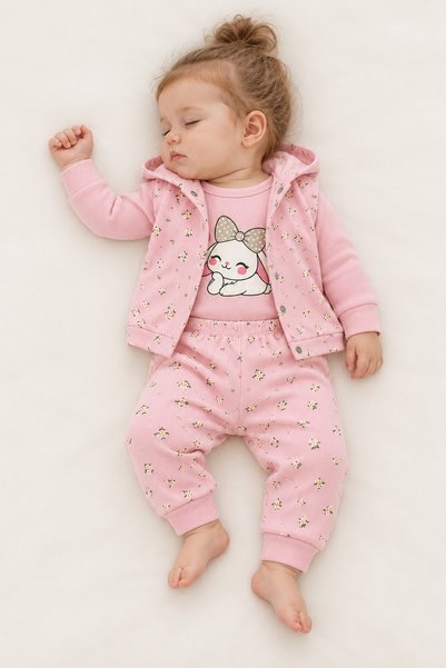 METEOR BABY Baby Girl 3-Piece Set Rabbit Printed T-Shirt Pants Hooded Vest 3 ...