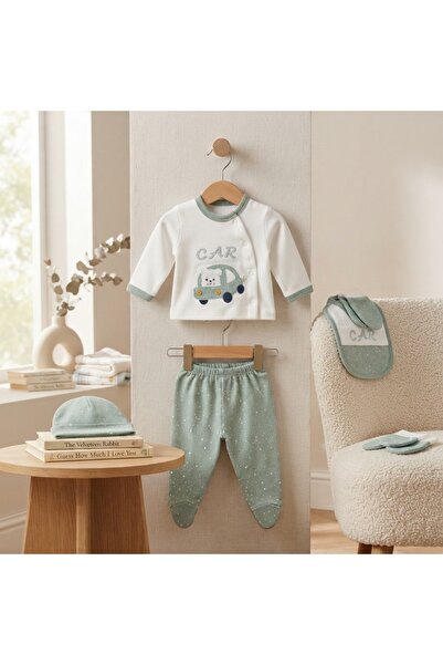 Pure Boutique Set nou-nascut 5 piese din bumbac alb si verde salvie cu masinu...