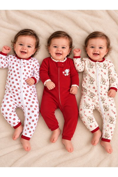 PonçiKids Premium Bebek Fermuarlı 3’lü Tulum Seti – Yumuşak Kumaş, Konforlu v...
