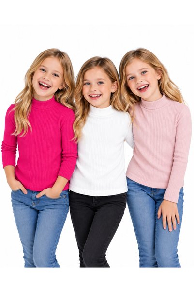 BABİDO Ribbed Half-Collar Girls' High-Necked Sweater, 3 Colors (3 Pieces) Pink. White. Fuchsia