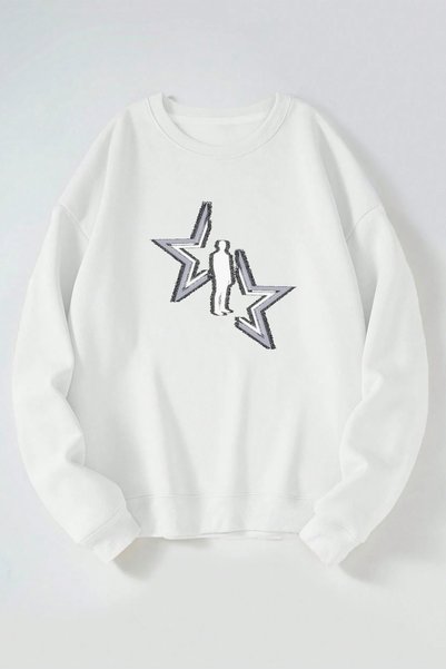 Vento Luna Star Man Front Printed White Crew Neck Sweatshirt