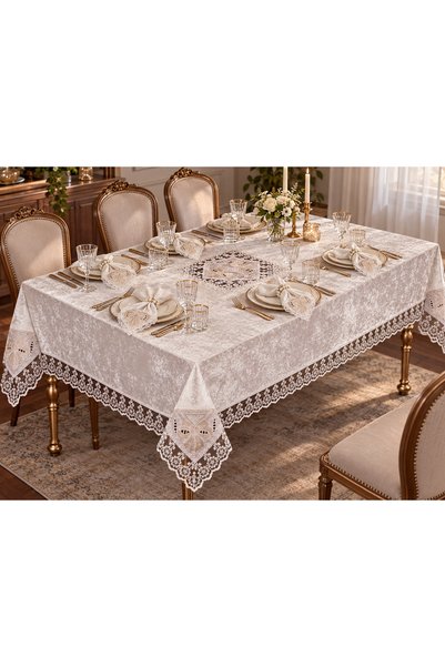 SBR Set față de masă 160 × 260 cm, catifea cu dantelă, 12 șervețele și 12 inele perlate, crem