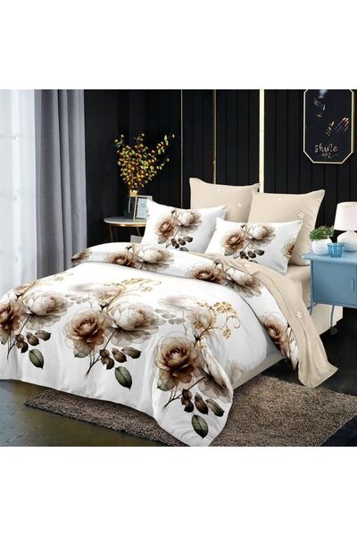 Generic Brand Lenjerie de pat 6 piese cu elastic, crem cu imprimeu floral in ...