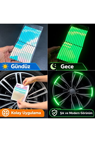 M2M 20 Parça Çok Renkli Floresan Jant Stickerı – Karanlıkta Parlayan Jant Dekoru