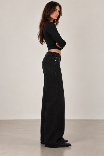 soBasic Okula Uygun Düşük Bel Siyah Barrel Fit Geniş Paça Palazzo Jean Pantolon