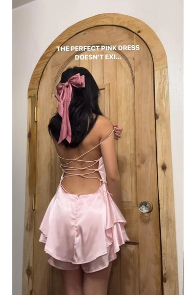FREE PALACE Women's Dusty Pink Satin Strap Dress with Drawstring Back and Ruffled Mini Dress
