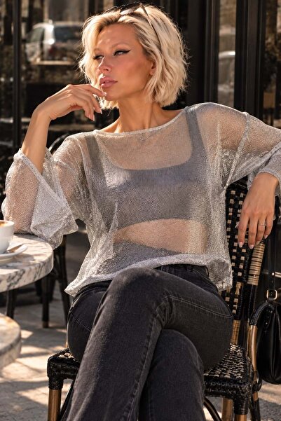 ibeeka Lumiere Silver Transparent Sparkling Steel Mesh Blouse