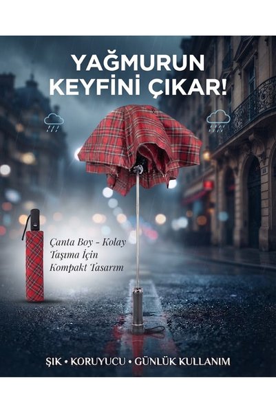 MYÖZYURT Kırmızı Etekli Karo Desenli Otomatik Açılır Kapanır Çanta Boy Cep Şe...