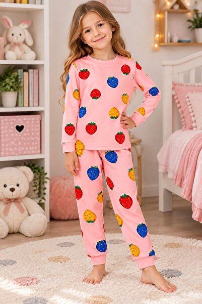 ALİŞ KİDS Girls' 100% Cotton Pink Strawberry Patterned Long Sleeve Pajama Set