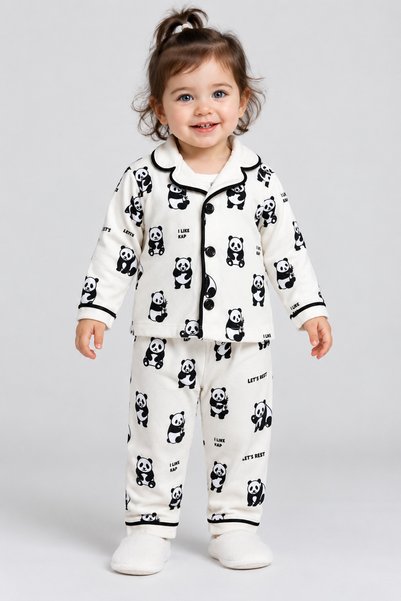 caddekids Panda Desenli Kız Bebek Pijama Takımı Uzun Kollu Düğmeli %100 Pamuk...