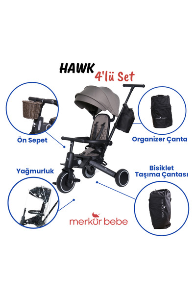 Merkür Bebe 9in1 Hawk Çift Yönlü Katlanabilir Yatabilir Ayak Destekli Üç Tekerlekli Bebek ve Çocuk Bisikleti Seti Yeşil