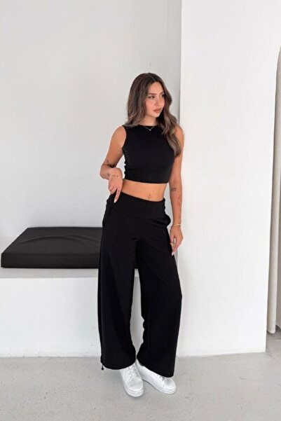 moda poni Siyah 3 İplik İçi Şardonlu Kıvrık Bel Oversize Eşofman Altı