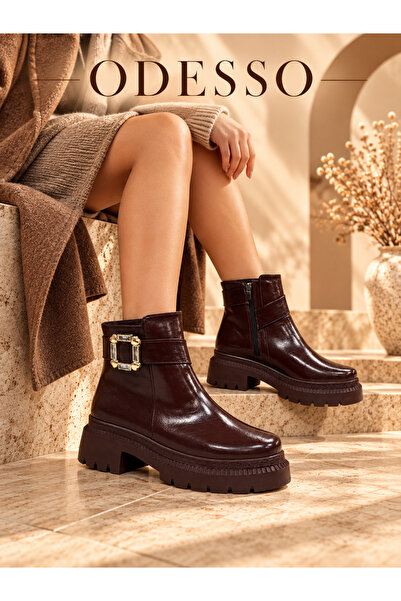ODESSO Bitter Brown Stone Square Buckle Thick Sole Zippered Boots Short Ankle...