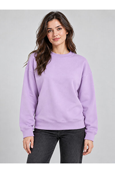 MODA NAZAN Kadın Oversize Sweatshirt Bisiklet Yaka Düşük Omuz 2 İplik Şardonl...