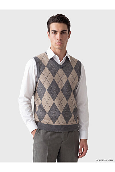 LC Waikiki Nevavm Farkıyla Lcwaikiki Classic Gray Knitwear Diamond Pattern V-...
