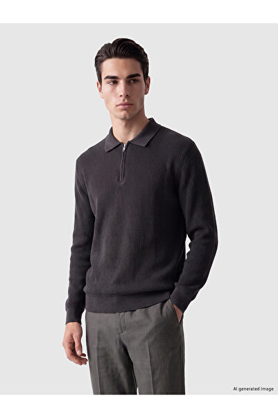 LC Waikiki Nevavm Anthracite Knitwear Plain Polo Collar Men's Sweater