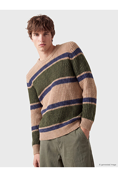 LC Waikiki Nevavm Farkıyla Xside Brown Knitwear Striped Oval Collar Men's Swe...