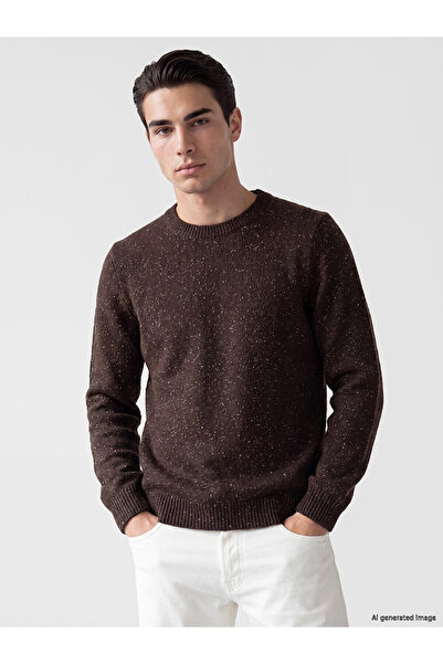LC Waikiki Nevavm Brown Knitwear Flat Oval Collar Men's Sweater with Difference