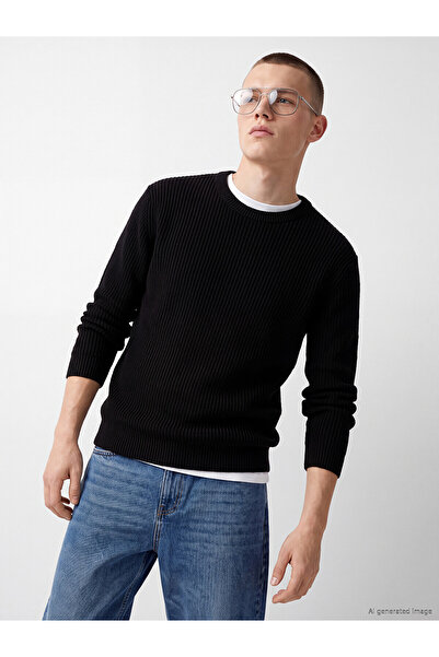LC Waikiki Nevavm Farkıyla Xside Black Knitwear Flat Oval Collar Men's Sweater
