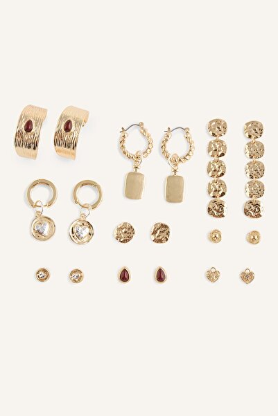 DeFacto Women's 9-Piece Textured and Stone Detailed Earring Set I7153Axns