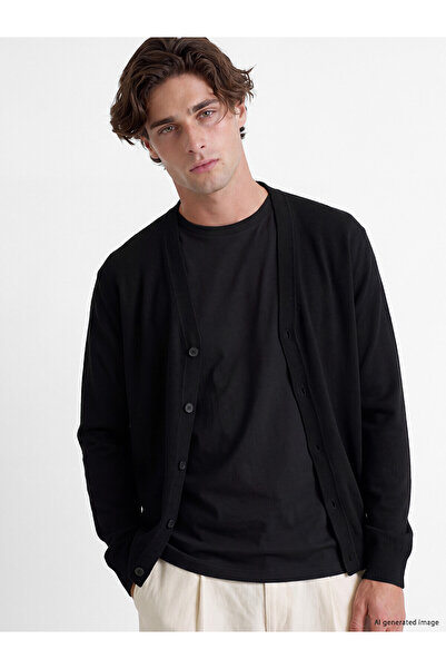 LC Waikiki Lcw Vision Black Knitwear Plain V-Neck Men's Cardigan with Nevavm ...