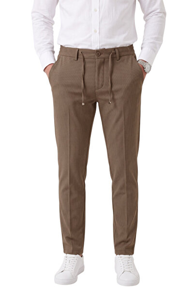 DeepSEA Erkek Slim Fit Çizgili Kahve Kumaş Pantolon – İpli Esnek Bel Likralı Spor Pantolon 2700240