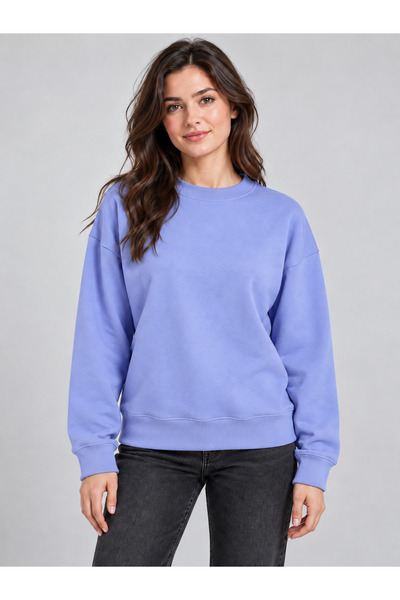 Kadın Oversize Sweatshirt Bisiklet Yaka Düşük Omuz 2 İplik Şardonlu Pamuk