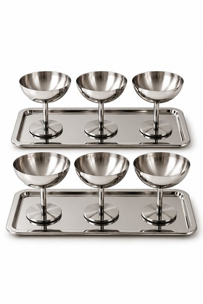 Artemia Home وعاء آيس كريم من الفولاذ المقاوم للصدأ بقاعدة، طقم من 6 قطع، وعاء للوجبات الخفيفة 9 × 10 سم، وطقم صينية تقديم من قطعتين