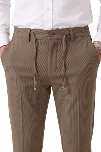 DeepSEA Erkek Slim Fit Çizgili Kahve Kumaş Pantolon – İpli Esnek Bel Likralı Spor Pantolon 2700240