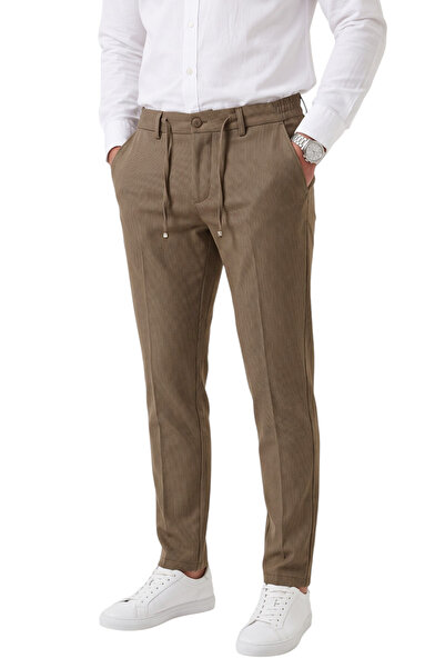 DeepSEA Erkek Slim Fit Çizgili Açık Kahve Kumaş Pantolon – İpli Esnek Bel Likralı Spor Pantolon 2700240