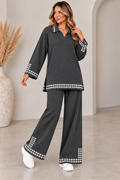 CNR TEKSTİL Women's Houndstooth Patterned Polo Collar Knitwear Set – Oversize...
