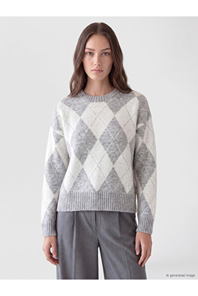 LC Waikiki Nevavm Lcw Modest Gray Knitwear with Diamond Pattern Oval Collar W...