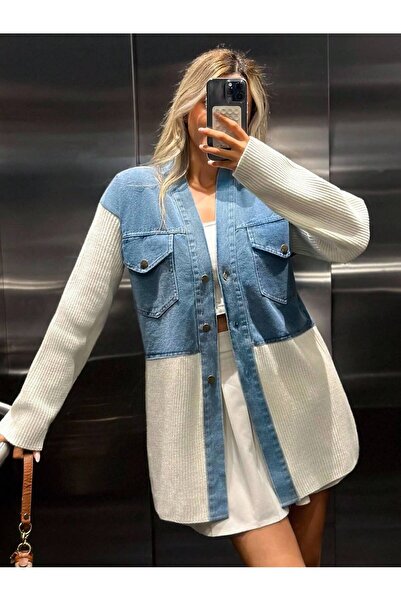 STF MODA Women's Denim Detailed Knitwear Cardigan with Buttons
