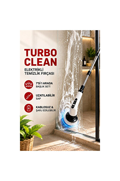 Atlasnua® Turbo Clean Elektrikli Temizlik Fırçası 7 Başlıklı Kablosuz Şarjlı Döner Fırça