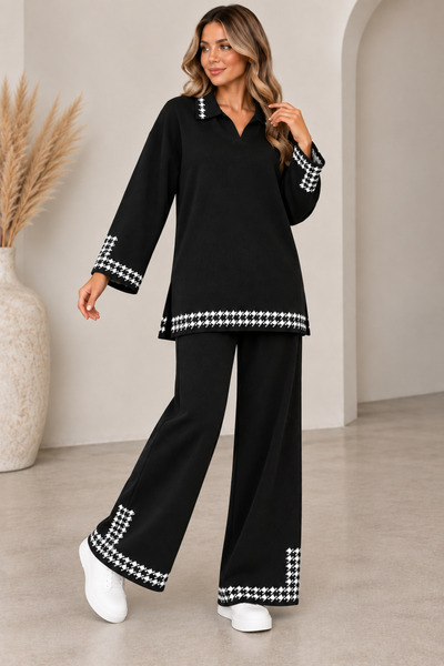 CNR TEKSTİL Women's Houndstooth Patterned Polo Collar Knitwear Set – Oversize...