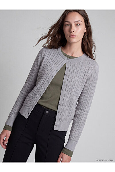 LC Waikiki Lcw Modest Gray Knitwear Patterned Short Women's Cardigan with Nev...