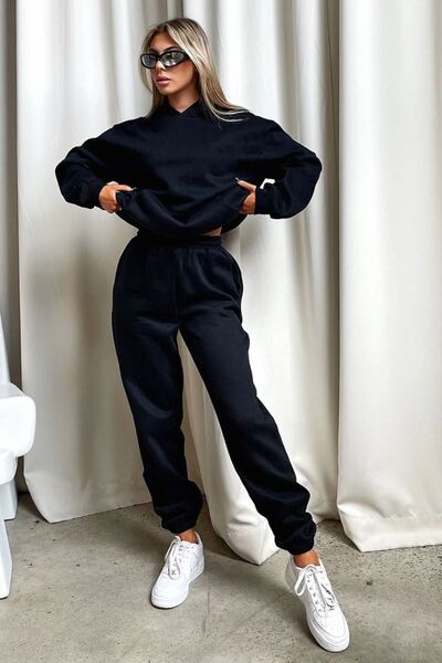 luci sports Basic Απλό Σετ Φούτερ Jogger - Μαύρη κουκούλα με ράστερ