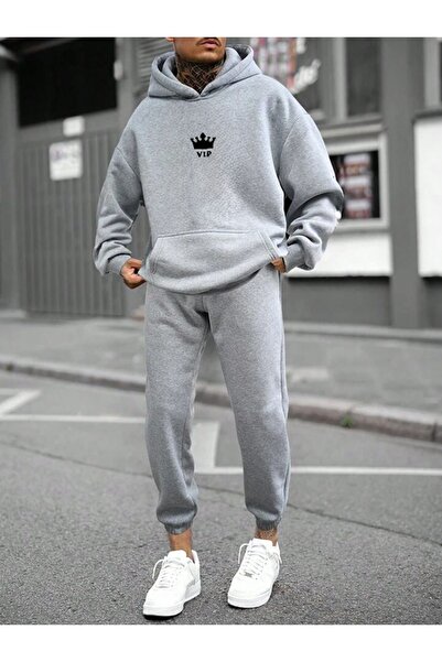 luci sports Σετ φόρμας Vip Φούτερ Jogger - Γκρι εμπριμέ Oversize Raised Hooded