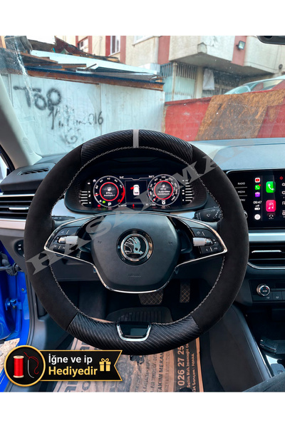 HasAkman Skoda Kamiq Dikme Direksiyon Kılıfı Alcantara Süet Mat Karbon Gri Yü...