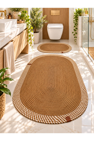 evdeucuz Jute Straw Large Size 2-Piece Bathroom Mat Set 70X120 and 40X60 Toil...